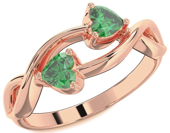Emerald Rose Gold Infinity Two Heart Birthstone Ring