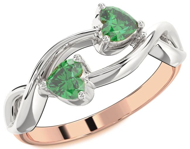 Emerald White Rose Gold Infinity Two Heart Birthstone Ring