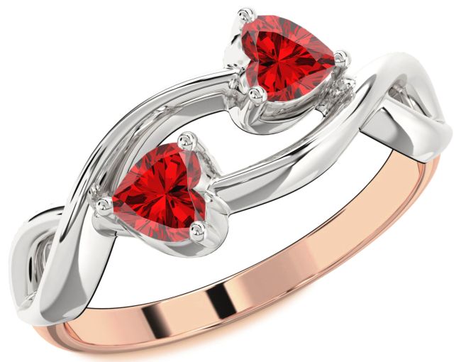 Ruby White Rose Gold Infinity Two Heart Birthstone Ring