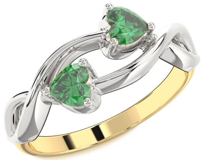 Emerald White Yellow Gold Infinity Two Heart Birthstone Ring