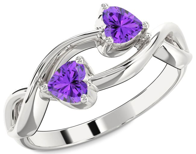 Amethyst Platinum Infinity Two Heart Birthstone Ring