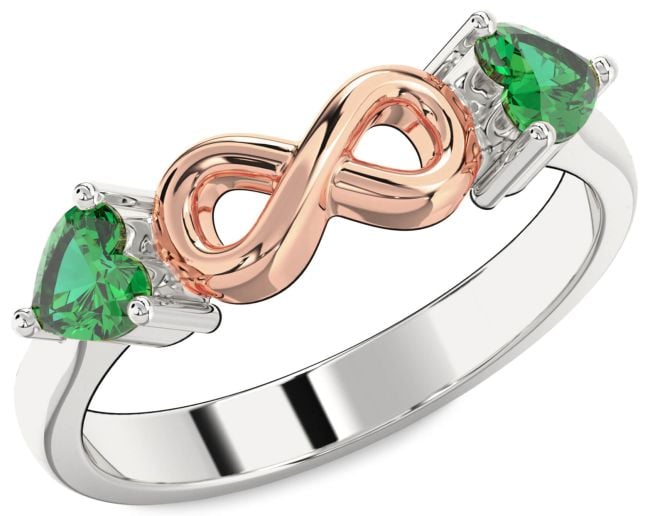 Emerald Platinum & Rose Gold Infinity Two Heart Birthstone Ring