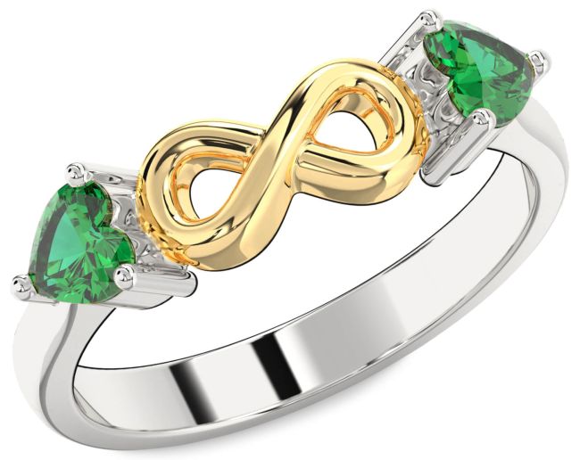 Emerald Platinum & Yellow Gold Infinity Two Heart Birthstone Ring