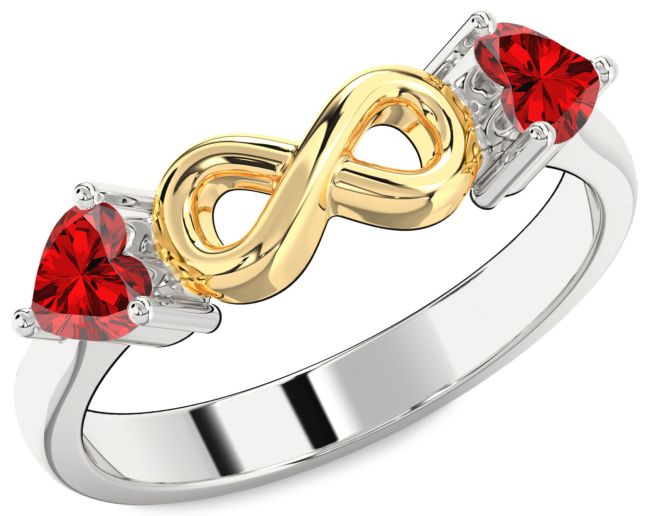 Ruby Silver & 10K gold Infinity Two Heart Birthstone Ring
