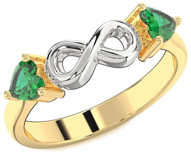 Emerald Gold Silver Infinity Two Heart Birthstone Ring