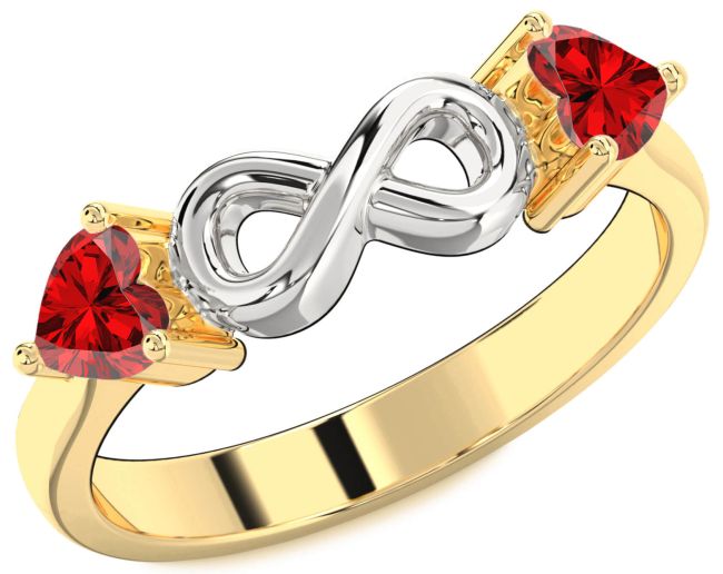 Ruby White Yellow Gold Infinity Two Heart Birthstone Ring