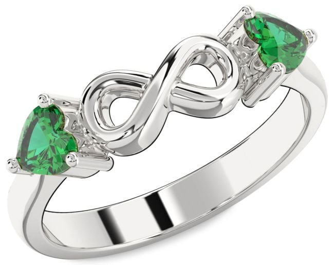 Emerald White Gold Infinity Two Heart Birthstone Ring