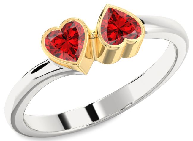 Ruby Gold Silver Two Heart Birthstone Ring