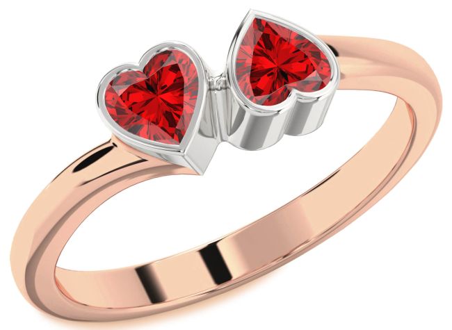 Ruby Rose Gold Silver Two Heart Birthstone Ring