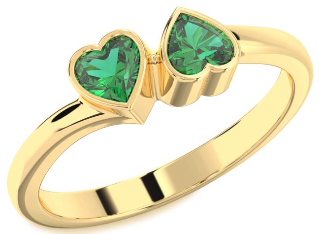 Emerald Gold Silver Two Heart Birthstone Ring