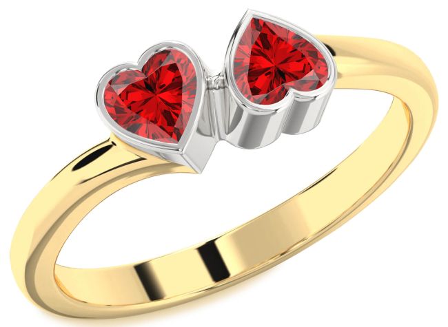 Ruby Gold Silver Two Heart Birthstone Ring
