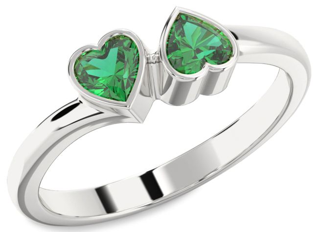 Emerald Platinum Two Heart Birthstone Ring