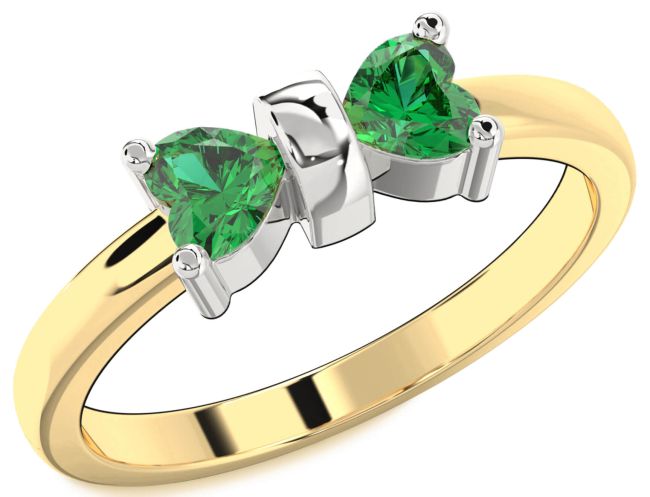 Emerald Gold Silver Two Heart Birthstone Ring
