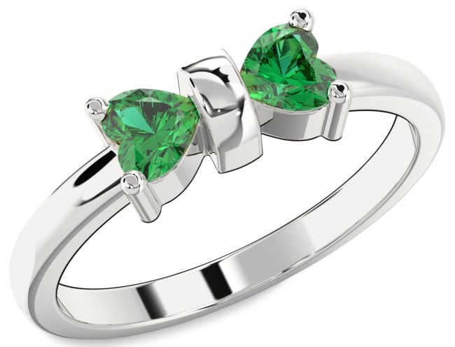 Emerald White Gold Two Heart Birthstone Ring