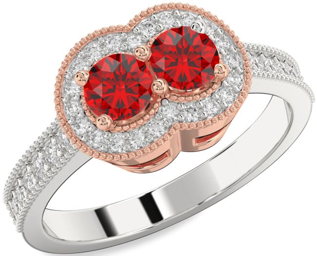 Diamond Ruby White Rose Gold Round Two Stone Birthstone Ring