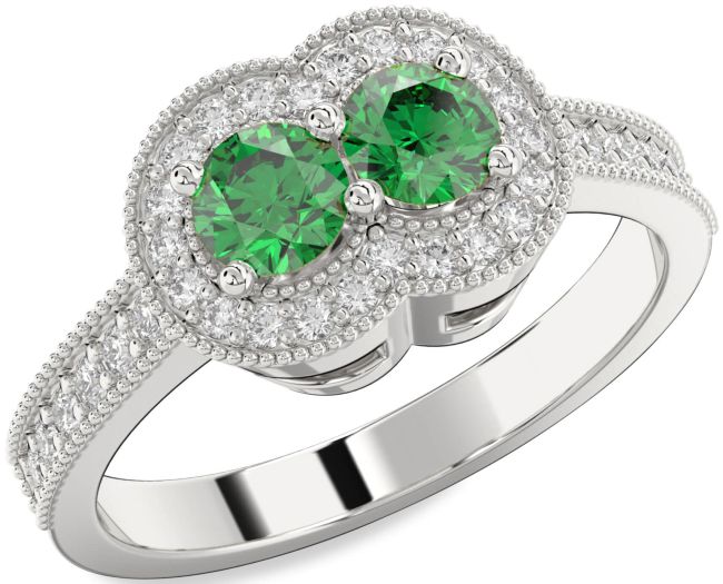 Diamond Emerald Platinum Round Two Stone Birthstone Ring