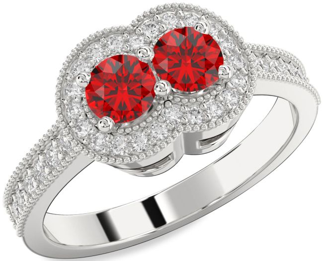 Diamond Ruby Silver Round Two Stone Birthstone Ring