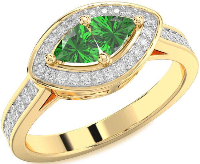 Diamond Emerald Gold Trillion Two Stone Birthstone Ring