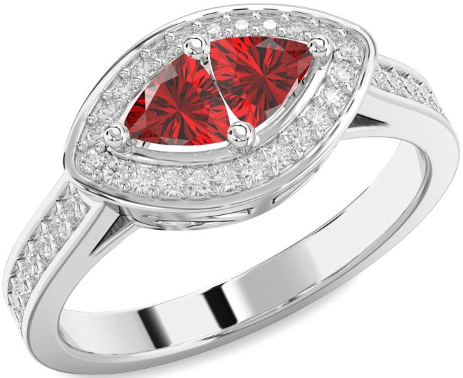 Diamond Ruby Silver Trillion Two Stone Birthstone Ring