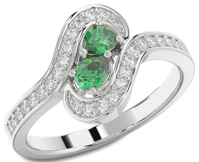 Diamond Emerald Platinum Pear Two Stone Birthstone Ring
