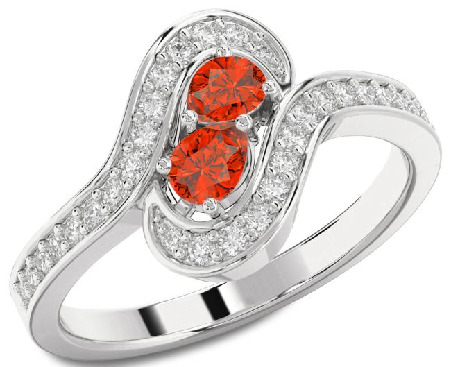 Diamond Fire Opal Platinum Pear Two Stone Ring