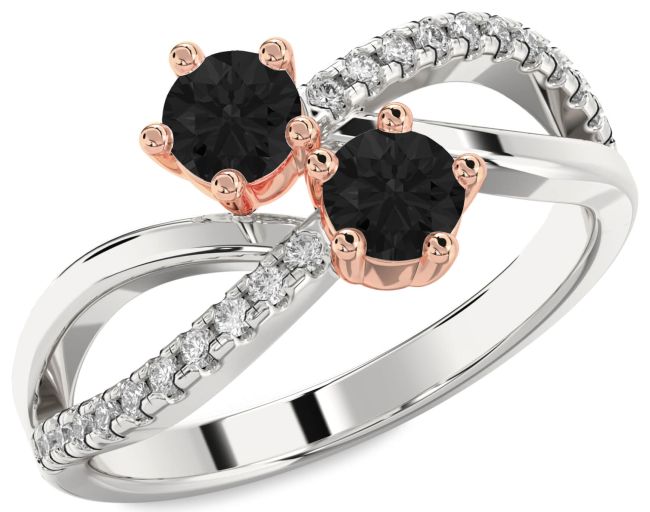 Black Diamond Rose Gold Silver Infinity Round Two Stone Ring