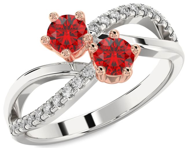 Diamond Ruby Rose Gold Silver Infinity Round Two Stone Birthstone Ring