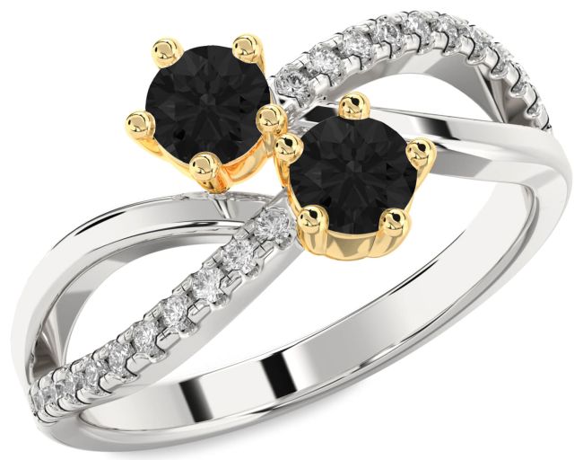 Black Diamond Silver & 10K gold Infinity Round Two Stone Ring