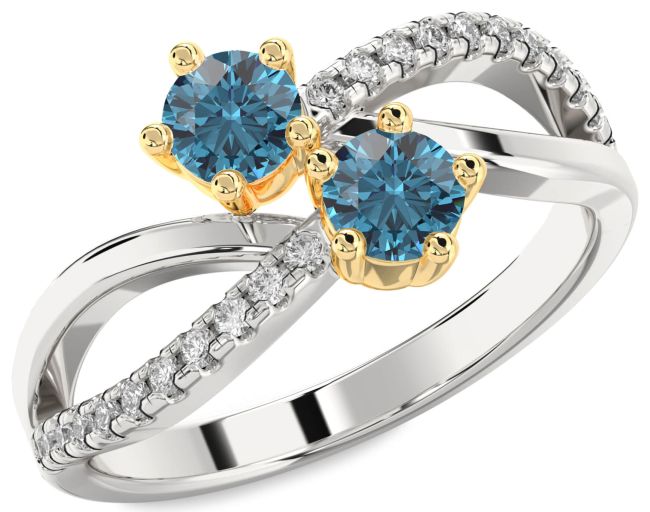 Blue Diamond Gold Silver Infinity Round Two Stone Ring