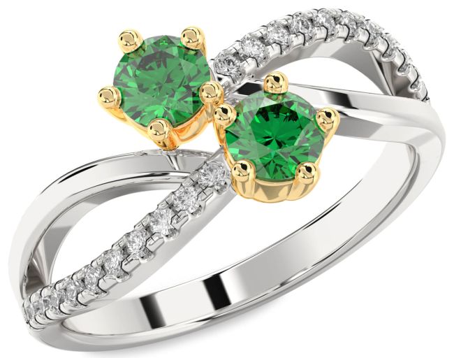 Diamond Emerald Platinum & Yellow Gold Infinity Round Two Stone Birthstone Ring