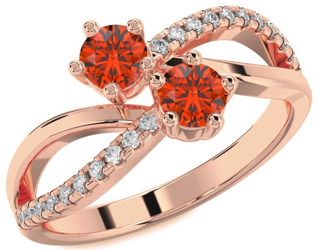 Diamond Fire Opal Rose Gold Infinity Round Two Stone Ring