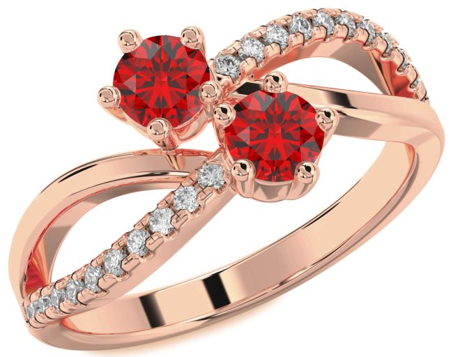 Diamond Ruby Rose Gold Infinity Round Two Stone Birthstone Ring