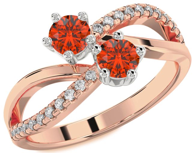 Diamond Fire Opal Rose Gold Silver Infinity Round Two Stone Ring