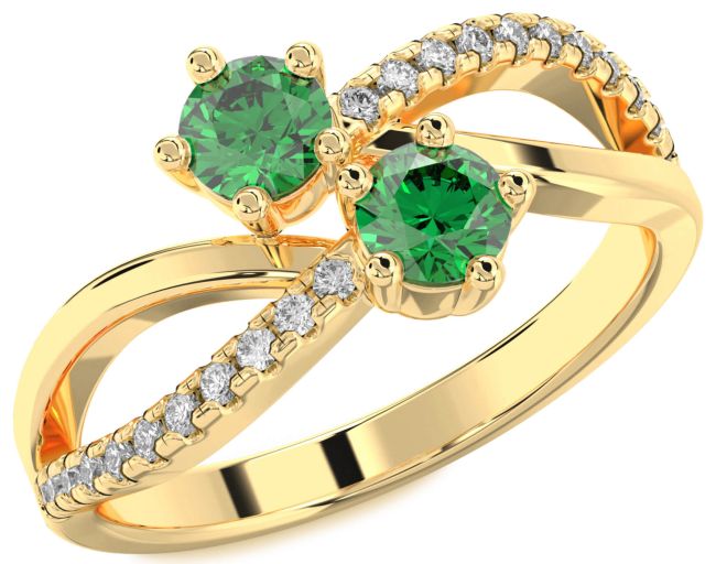 Diamond Emerald Gold Infinity Round Two Stone Birthstone Ring