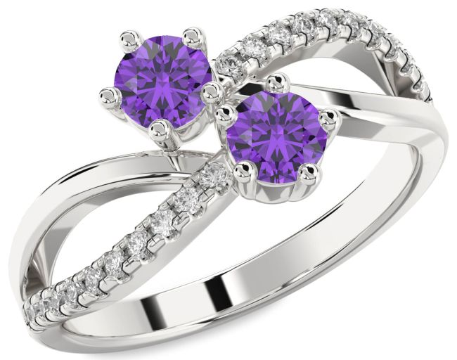 Diamond Amethyst Silver Infinity Round Two Stone Birthstone Ring