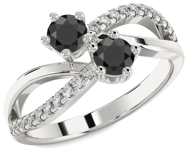 Diamond Black Onyx Silver Infinity Round Two Stone Ring