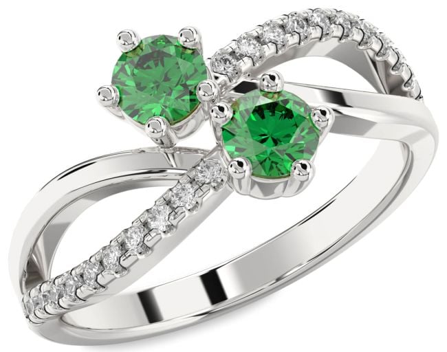 Diamond Emerald Platinum Infinity Round Two Stone Birthstone Ring