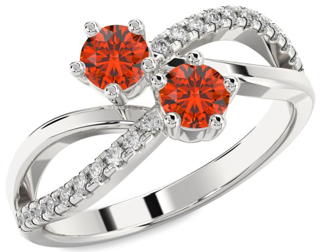 Diamond Fire Opal Silver Infinity Round Two Stone Ring