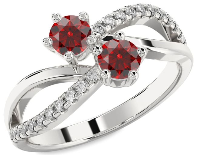 Diamond Garnet Silver Infinity Round Two Stone Birthstone Ring
