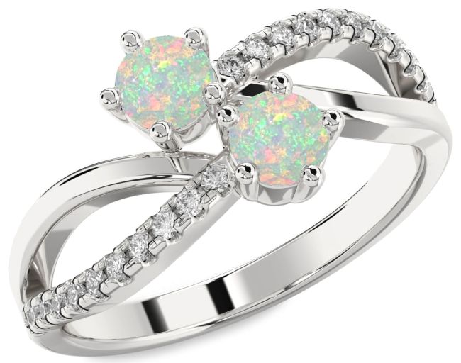 Diamond Opal Silver Infinity Round Two Stone Birthstone Ring