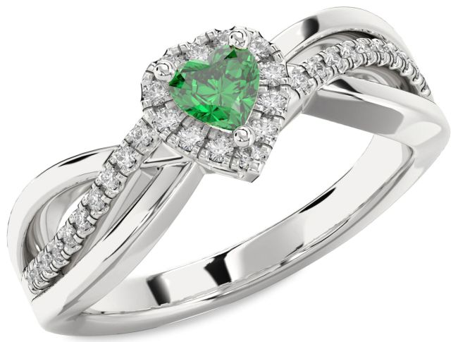 Diamond Emerald Silver Heart Promise Ring