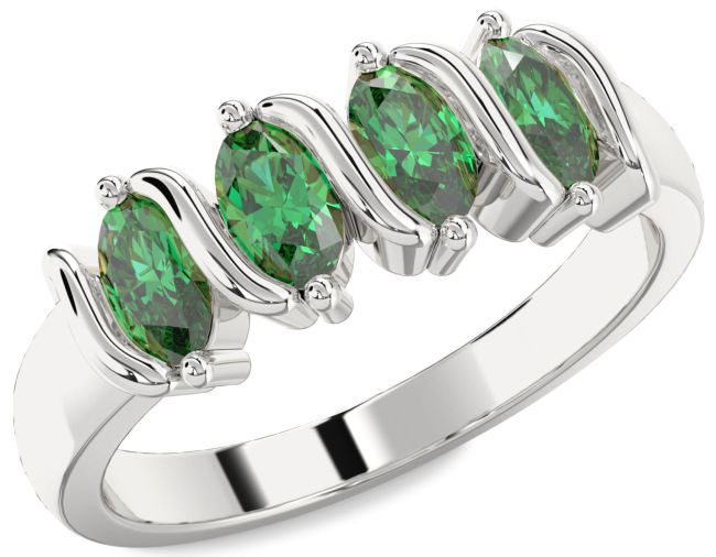 Emerald Silver Oval Four Stone Birthstone Ring