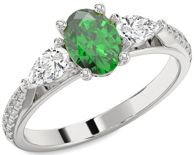 Diamond Emerald Silver Oval Three Stone Engagement Ring