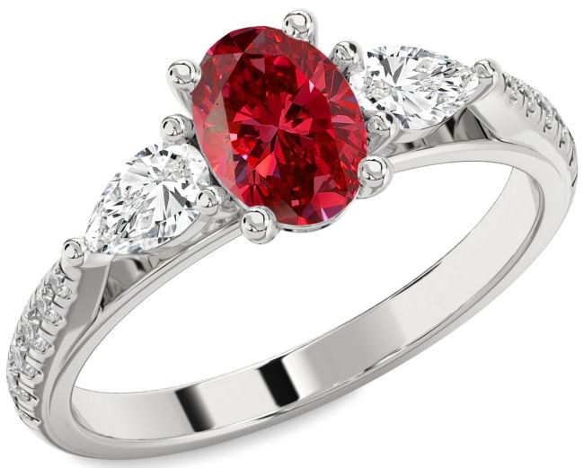 Diamond Ruby Silver Oval Three Stone Engagement Ring