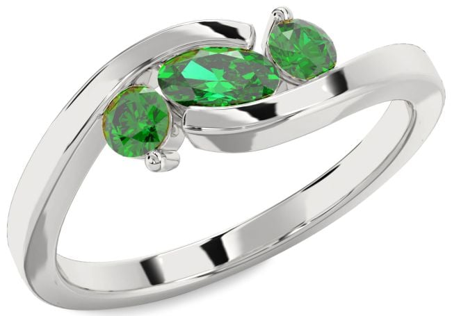 Emerald Silver Oval Three Stone Birthstone Ring