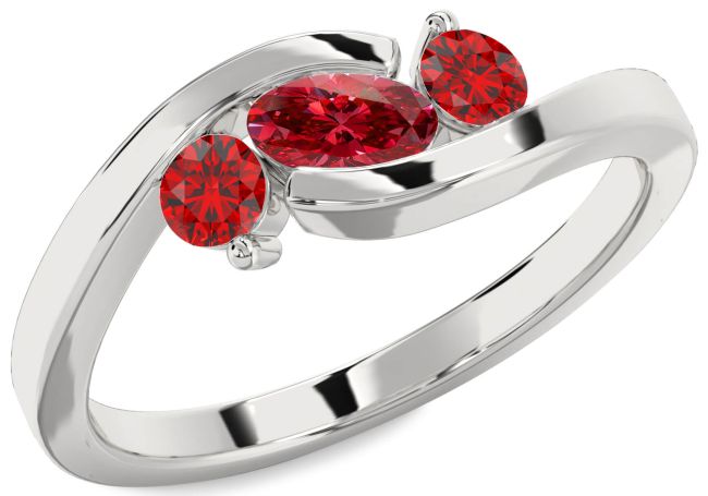 Ruby White Gold Oval Three Stone Birthstone Ring