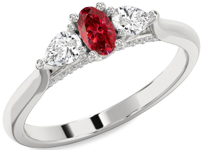 Diamond Ruby Silver Oval Three Stone Engagement Ring