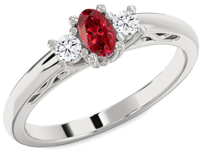 Diamond Ruby Silver Oval Three Stone Engagement Ring