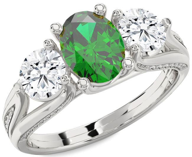 Diamond Emerald Silver Oval Three Stone Engagement Ring