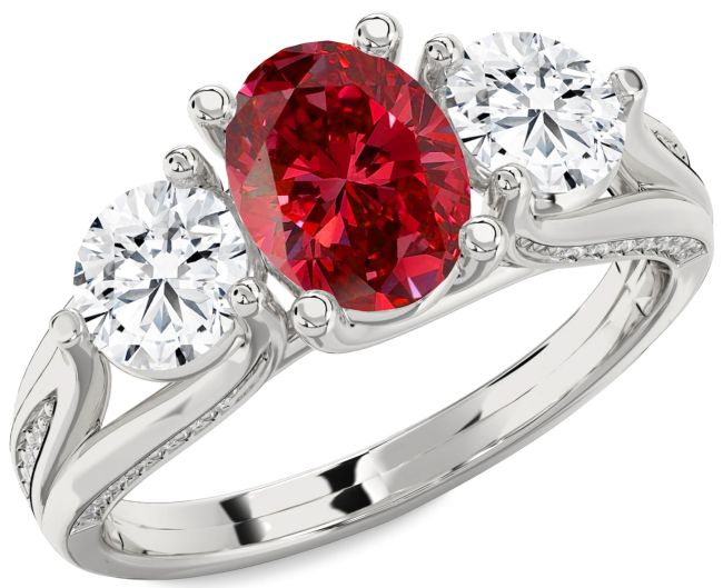 Diamond Ruby Silver Oval Three Stone Engagement Ring